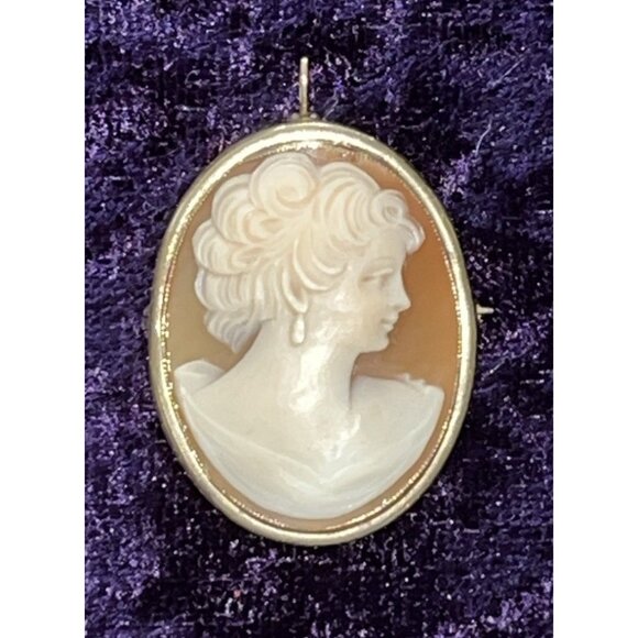 10K Yellow Gold Carved Shell Cameo Brooch Pin Converts to Pendant Vtg Profile - Picture 2 of 11